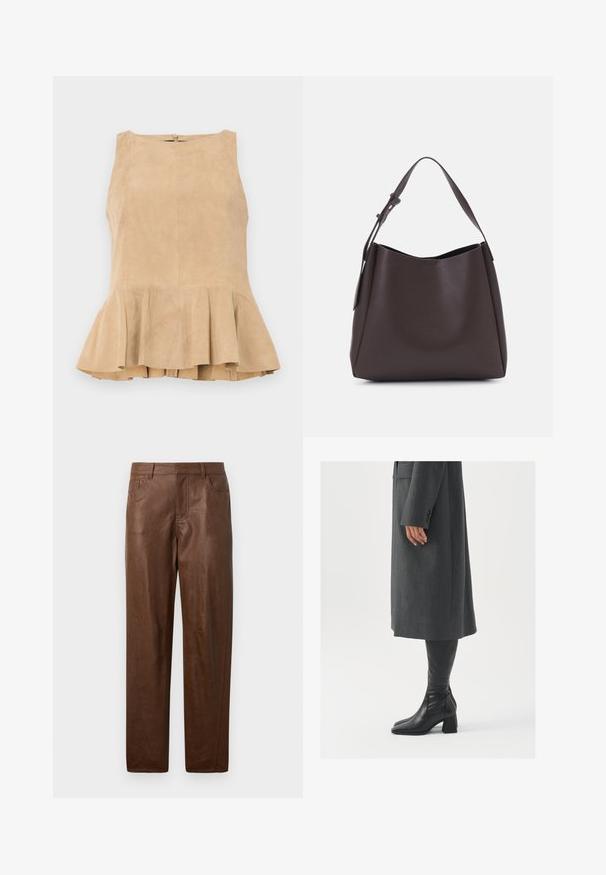 Bež svilen bez rukava s flautastim rubom, s patentnim zatvaračem na leđima, teksturiranom površinom i suptilnim sjajem.; Smeđe kožne hlače s glatkom teksturom, ravnog kroja i dva bočna džepa. Imaju vidljive šavove.; Sivi, krojeni kaput ravnog kroja; uparen s crnim kožnim čizmama do koljena koje imaju četvrtasti vrh i debeli potplat.; Vero Moda VMLANE - Velika torba - chocolate torte
