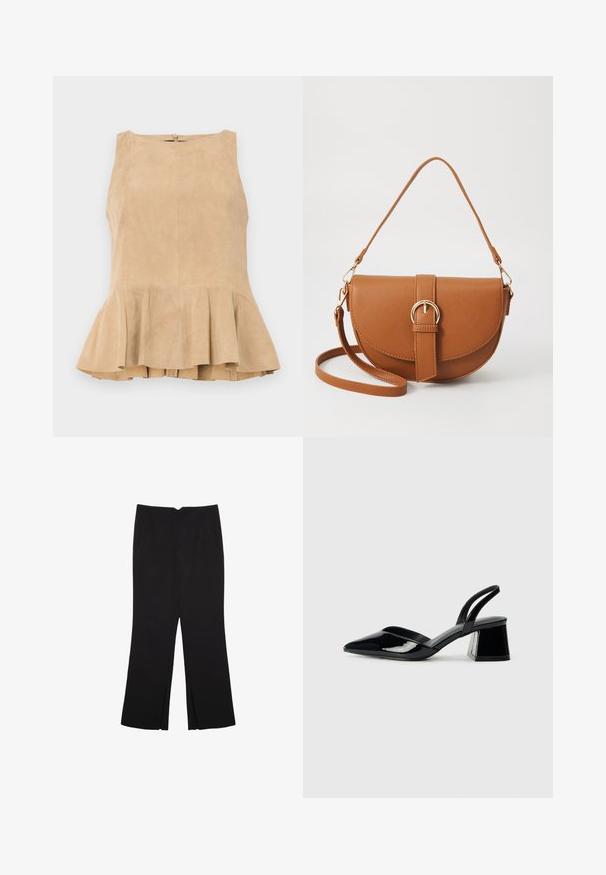 Beige Wildleder ärmelloses Oberteil mit gerüschtem Saum, ausgestattet mit einem Reißverschluss auf der Rückseite, strukturierten Oberfläche und einem dezenten Glanz.; Schwarze Hose mit geradem Schnitt, ausgestattet mit Fronttaschen und Seitenschlitzen am Saum. Hergestellt aus weichem, glattem Stoff. Geeignet für verschiedene Anlässe.; Schwarze Lackleder-Slingback-High Heels mit spitzem Schuh und einem geometrischen Blockabsatz. Verfügt über ein schlankes, minimalistisches Design und eine glatte Textur.; Braune Leder-Crossbody-Tasche mit geschwungener Form, goldfarbenen Beschlägen und einer Schnallenakzentuierung. Verfügt über einen abnehmbaren Schultergurt.