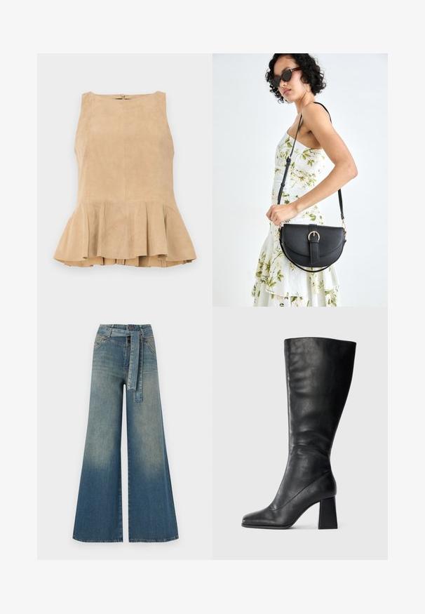 Béžový semišový bezramenný top s volánovým lemem, vybavený zipem na zadní straně, texturovaným povrchem a jemným leskem.; Džínové kalhoty širokého střihu s přechodem od světlé k tmavě modré, vysokým pasem, poutky na opasek a odpovídajícím opaskem ze stejného materiálu. Texturovaná džínovina.; Černá kožená kozačka ke kolenům s špičatou špičkou a blokovým podpatkem na jednobarevném světlém pozadí.; Černá kožená kabelka s křivkovým tvarem, odnímatelným popruhem a zlatými detaily. Kabelka má klopu s přezkou.