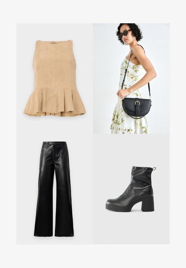 Bež suknjasta brezrokavnik s fluted robom, ki ima zadrgo na hrbtu, teksturirano površino in nežen sijaj.; Črne široke hlače iz umetnega usnja z visokim pasom, sprednjim gumbom, zadrgo, zanke za pas in stranskimi žepi na beli podlagi.; Črne gležnjarje iz gladke kože z božnim zadrgo, masivnim teksturiranim peto in zaobljeno obliko prstov.; Črna usnjena torbica s ukrivljeno obliko, z odstranljivo naramnico in zlatimi dodatki. Torbica ima pokrov s podrobnostmi v obliki zaponke.