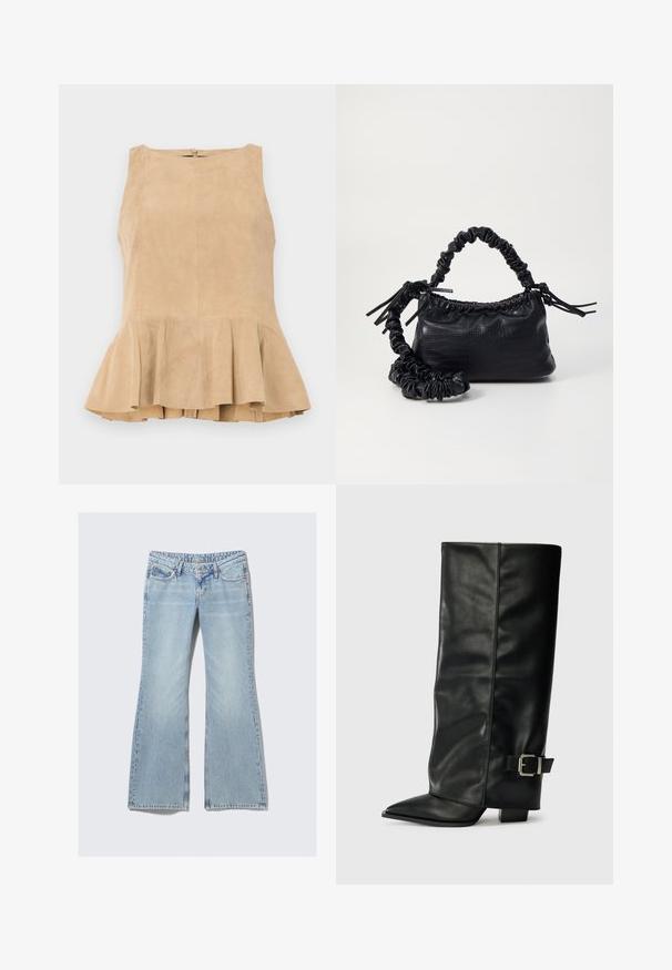 Beige suède mouwloos topje met een uitlopende zoom, voorzien van een rits aan de achterkant, een gestructureerd oppervlak en een subtiele glans.; Weekday NOVA - Slim fit jeans - lip blue; Zwarte leren enkellange laarzen met een spitse neus, een gladde textuur en een zilveren gesps Accent aan de zijkant. Stevige vierkante hak.; Zwarte nepleer handtas met een krokodillenstructuur, opgedroogde bovenkant en een gekreukte hengsel. Het lijkt zacht en compact van ontwerp.