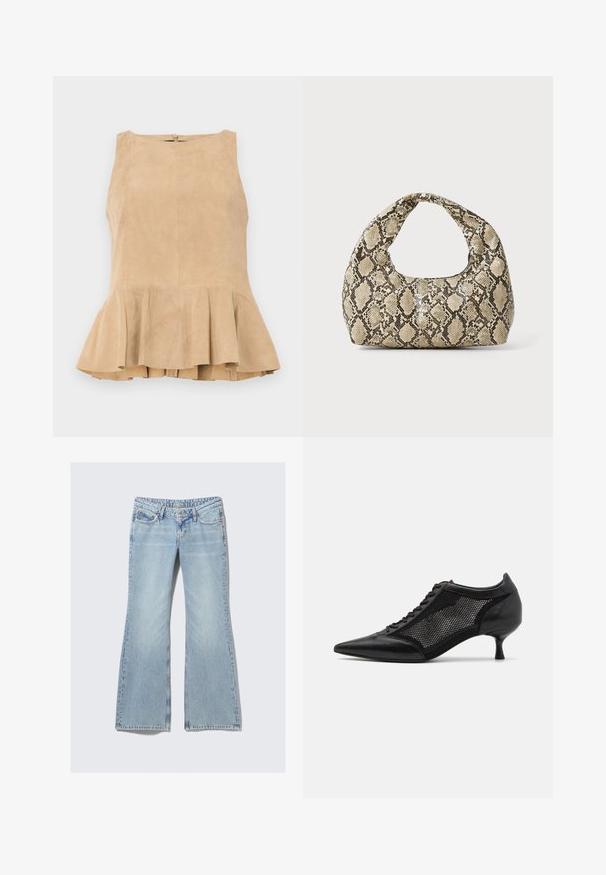 Top sans manches en daim beige avec un ourlet évasé, doté d'une fermeture éclair à l'arrière, d'une surface texturée et d'un léger éclat.; Weekday NOVA LOW RISE SLIM BOOTCUT - Jean bootcut - lip blue; Chaussure noire à bout pointu avec un design en panneau en maille, présentant un petit talon et un laçage à l'avant. Fabriquée à partir d'une combinaison de cuir et de matériau en maille.; Sac à main en motif serpent avec une poignée incurvée. Fabriqué à partir de matériaux texturés beiges et bruns, présentant un motif en diamant distinctif.