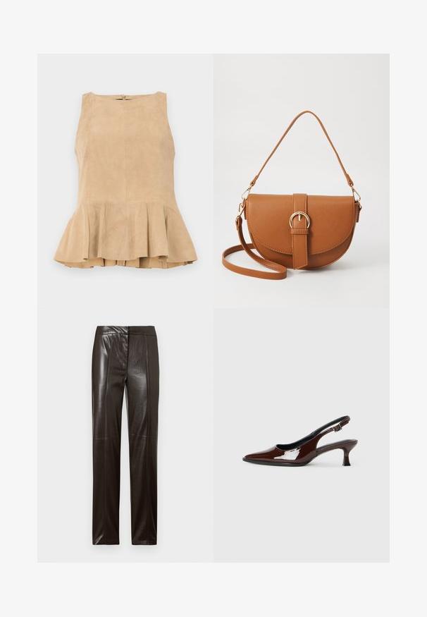 Beige ruskindsløs top med flæsekant, der har en lynlås i ryggen, struktureret overflade og en diskret glans.; Mørkebrune, lige læderbukser med en glat overflade og subtile sømdetaljer langs forsiden.; Brun patenteret læder slingback sko med spids tå og en moderat hæl. Har en spænde rem for en sikker pasform. Glat tekstur.; Brun læder crossbody taske med en buet form, guldfarvet hardware og en spændeaccent. Har en aftagelig skulderrem.