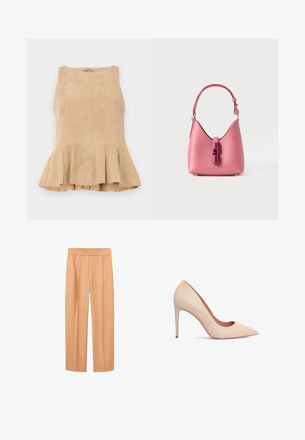 Beige suède mouwloos topje met een uitlopende zoom, voorzien van een rits aan de achterkant, een gestructureerd oppervlak en een subtiele glans.; Perzikkleurige wijde broek, gemaakt van zacht materiaal, met een elastische tailleband en rechte pasvorm voor een ontspannen fit.; Beige leren hoge hak pumps met een spitse neus en een gladde textuur. Beschikt over een slanke stilettohak en een lage vampontwerp.; Roze leren handtas met een gestructureerde vorm, voorzien van een glanzende sluiting en een enkele verstelbare schouderband. Getextureerde afwerking met gouden hardware.
