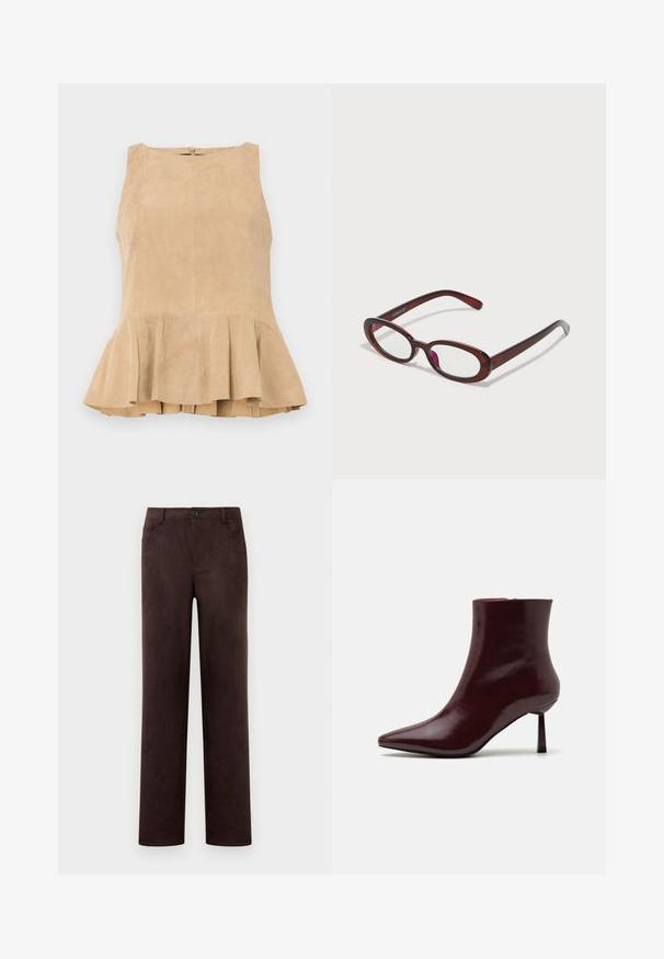 Beige zselé ujjatlan felső, fodros aljjal, hátul cipzárral, texturált felülettel és finom fényláttal.; Egyenes szárú, sötétbarna velúr nadrág elöl gombbal és cipzárral, övhurkokkal és oldalsó zsebekkel.; Burgundi színű, lakkozott bőrből készült bokacsizma, hegyes orral és karcsú stiletto sarokkal, sima, fényes textúrával és minimalista dizájnnal.; Ovális alakú piros napszemüveg átlátszó lencsékkel és karcsú barna kerettel. A dizájn diszkrét íveket és minimális szerelvényeket mutat.; Szövetből készült bordó kézitáska, lekerekített formával és egyetlen füllel, amelynek texturált felülete van és rugalmas zsinórzárja.