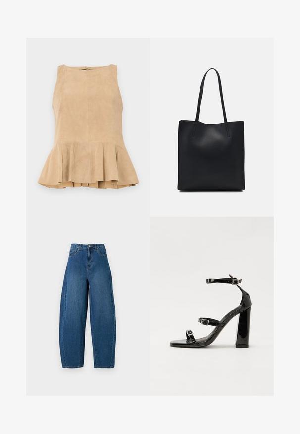 Bēša zamša bez piedurknēm blūze ar viļņotu apakšējo malu, kas aprīkota ar rāvējslēdzēja aizdari aizmugurē, ar teksturētu virsmu un smalku spīdumu.; Denim bikses vidējā zilā krāsā ar augstu jostasvietu, platām kājām un standarta piecu kabatu dizainu ar redzamām šuvju detaļām.; Melnas lakotas augstpapēžu čības ar kvadrāta purngalu, potīšu siksniņām un sudraba sprādzēm. Aprīkotas ar masīvu bloku papēdi stabilitātei.; Melnas ādas somiņa ar gludu tekstūru, taisnstūra formu un divām garām rokturiem. Nav redzamu aparatūras vai rotājumu.