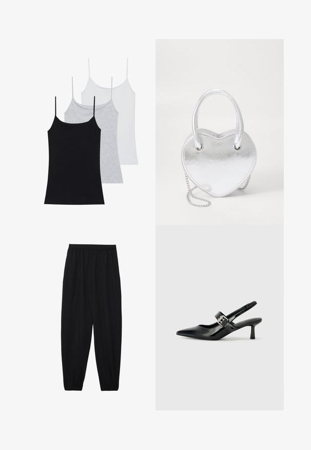 Three sleeveless camisoles: one black, one gray, and one white. Made of soft, stretchy fabric with adjustable spaghetti straps.; Black, lightweight pants with an elastic waistband and gathered ankles. The fabric is smooth and features a relaxed, tapered design.; Black patent leather slingback heels with a pointed toe and a small block heel, featuring a silver buckle accent on the strap.; Silver metallic heart-shaped handbag with dual handles, chain strap, and smooth texture. Features metal hardware and stitched edges.