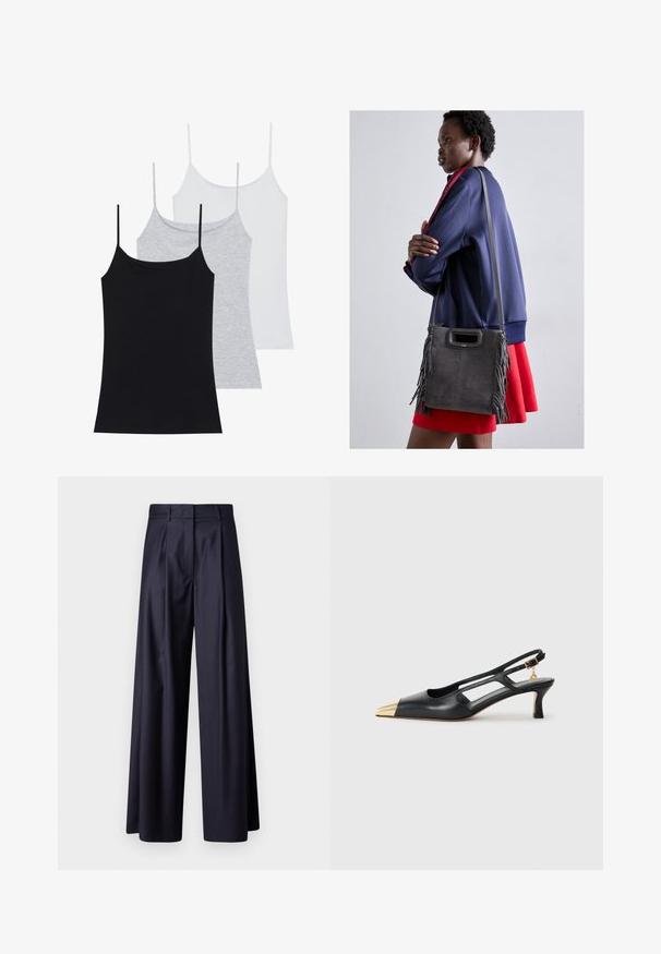Drie mouwloze cami's: één zwart, één grijs en één wit. Gemaakt van zachte, rekbare stof met verstelbare spaghettibandjes.; Wijd-enigszins gesneden pantalon van donker marineblauwe stof, met plooien, een soepele textuur, een op maat ontworpen uitstraling en een hoge tailleband.; Zwarte leren slingback schoen met een puntige neus en een gouden metallic punt. Heeft een uitgesneden ontwerp en een slanke hak met een verstelbare band.; Grijze suède handtas met franjes, grote opening met handvat aan de bovenkant en een dunne schouderband. Model draagt een marineblauwe jas en een rode rok.