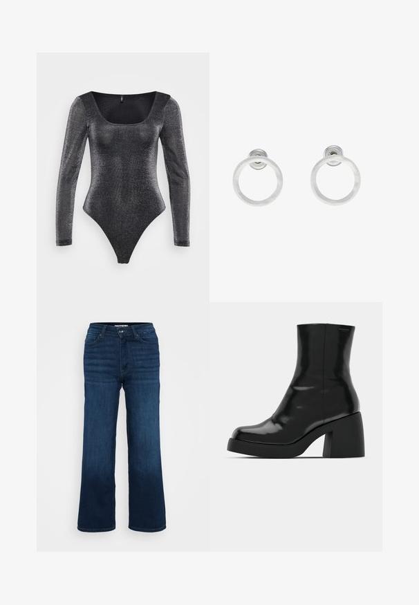 Crni bodi dugih rukava izrađen od sjajnog, teksturiranog materijala. Ima kvadratni izrez i visok rez na nogavicama.; ONLY Petite ONLMADISON BLUSH WIDE - Široke nogavice - dark blue denim; Crne gležnjače s sjajnom površinom, četvrtastim vrhom i debelim blok petama. Dizajn ima besprijekornu siluetu i minimalno brendiranje.; Srebrne metalne naušnice u obliku prstena s brušenom teksturom, s kružnim dizajnom i prozirnom vrstom kopče za sigurno nošenje.