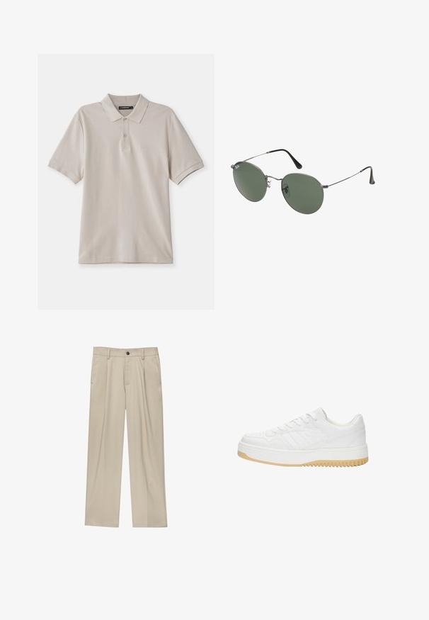 Polo de culoare bej, confecționat din bumbac, cu guler clasic, mâneci scurte și un logo brodat subtil pe partea stângă a pieptului.; Pantaloni bej cu croi drept, dotati cu un singur nasture negru, bucle pentru centură și buzunare laterale. Textură de țesătură netedă și design minimal.; Sneaker alb din piele cu o finisare texturată, având o talpă din cauciuc, un design cu șireturi și accente subtile sub formă de dungi pe laturi.; Ochelari de soare cu ramă metalică, dotati cu lentile ovale verzi. Ramă subțire din metal argintiu și ușițe negre. Design minimalist, fără logo-uri vizibile.