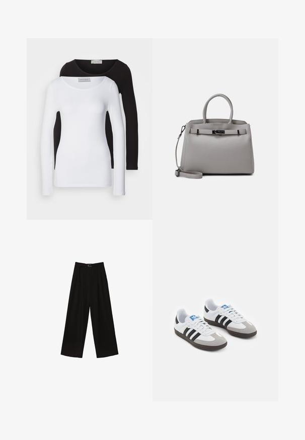 Långärmade tröjor i vitt och svart bomull, med rundad halsringning och en figurnära design. Lappen synlig vid nacken.; Svarta vida byxor med hög midja, med ett bälte i midjan och veck för textur. Tillverkade av ett slätt, lätt material.; Sportskor med överdel i vit läder, grå mocka på tårna och tre svarta ränder. Har en blå logotyp på tungan och en texturerad gummisula.; Grå läderhandväska med dubbla handtag, ett avtagbart rem, slät textur och en metallisk spänne framtill. Rundad form och minimalistisk design.