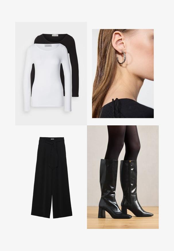 Ilgai rankoviai marškiniai iš baltos ir juodos medvilnės, su apvaliais iškirpimais ir prigludusia forma. Etiketas matomas prie kaklo.; Juoda plačių kojų kelnės, pagamintos iš tekstūruoto audinio, su elastingu juosmeniu ir atsegamu diržu juosmenyje, leidžiančiu reguliuoti dydį.; Juodų odinių batų iki kelių su blizgiu paviršiumi, smailia nosimi ir masyviu kulnu. Šone esanti užtrauktuko detalė, kad būtų lengviau užsidėti.; Sidabrinė lankinė auskarai su poliruotu paviršiumi, turintys mažus auksinius akcentus ir apvalią formą, dėvimi ant ausies kaušelio.