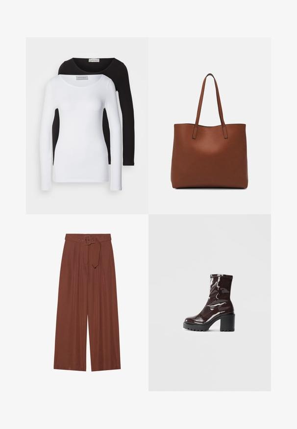 Magliette a manica lunga in cotone bianco e nero, con scollatura rotonda e design attillato. Etichetta visibile al collo.; Pantaloni a gamba larga in tessuto marrone, con cintura a fibbia quadrata, design plissettato e texture liscia.; Stivale alla caviglia bordeaux lucido con un tacco spesso nero, caratterizzato da una superficie liscia e un design semplice. Nessuna chiusura visibile o motivo.; Borsa tote in pelle marrone con texture liscia, design con apertura superiore e due spallacci. Presenta cuciture minime e nessun hardware visibile.