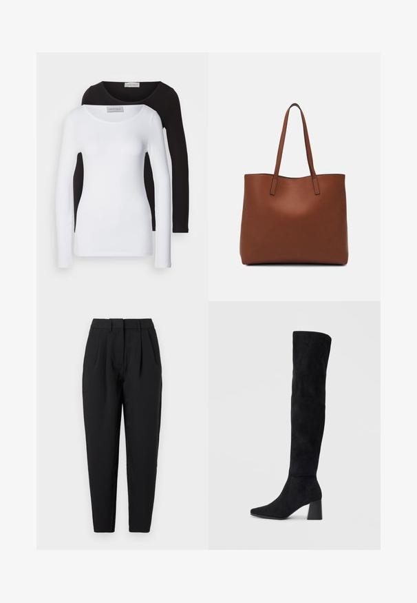 Pitkähihainen paita valkoisena ja mustana puuvillana, pyöreällä pääntiellä ja kapealla muotoilulla. Tagi näkyvissä kauluksessa.; Mustat suorat housut, joissa on etupuolella laskokset, sileä pinta ja sivutaskut. Vyötärönkorkeus on normaali.; Musta samettinen polvipitkä saapas, jossa on lohkarekorko, terävä nilkka ja sileä, saumatonta muotoilua tasaisella vaalealla taustalla.; Ruskea nahkainen olkalaukku, jossa on sileä pinta, avoin yläosa ja kaksi olkahihnaa. Omaavat vain minimaalisen ompelun eikä näkyvää metalliosaa.