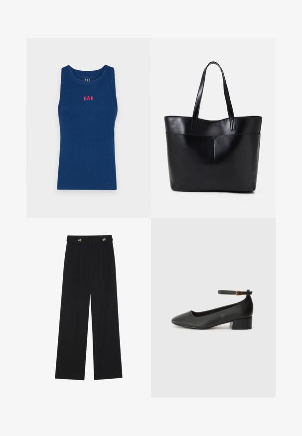 GAP LOGO HALTER - Top - pangea blue; Black wide-leg trousers with high waist, button details on waistband, and front pleats.; Black leather pump with a pointed toe and a low block heel. Features an ankle strap with a gold-tone buckle. Smooth texture.; Black leather tote bag with two long handles, a smooth texture, and a structured shape. Features a front pocket for additional storage.