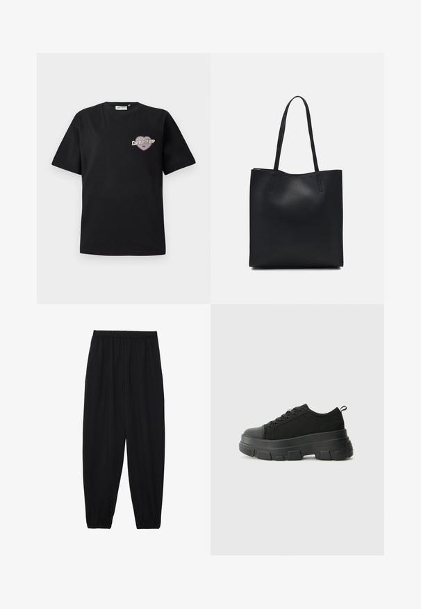 Crna pamučna majica kratkih rukava s grafikom u obliku srca u ljubičastoj i bež boji, s natpisom "Carhartt WIP 1989".; Crne, lagane hlače s elastičnom stražnjom pasicom i naboranim gležnjevima. Tkanina je glatka i ima opušteni, suženi dizajn.; Crne tenisice s debelim gumenenim potplatom, teksturiranim gornjim dijelom od tkanine, okruglim vrhom i dizajnom s vezicama. Imaju pojačane rupice za vezice i dodatak za povlačenje straga.; Crna kožna torba za nošenje s glatkom teksturom, pravokutnim oblikom i dvije duge ručke. Nema vidljivih metalnih dijelova ili ukrasa.