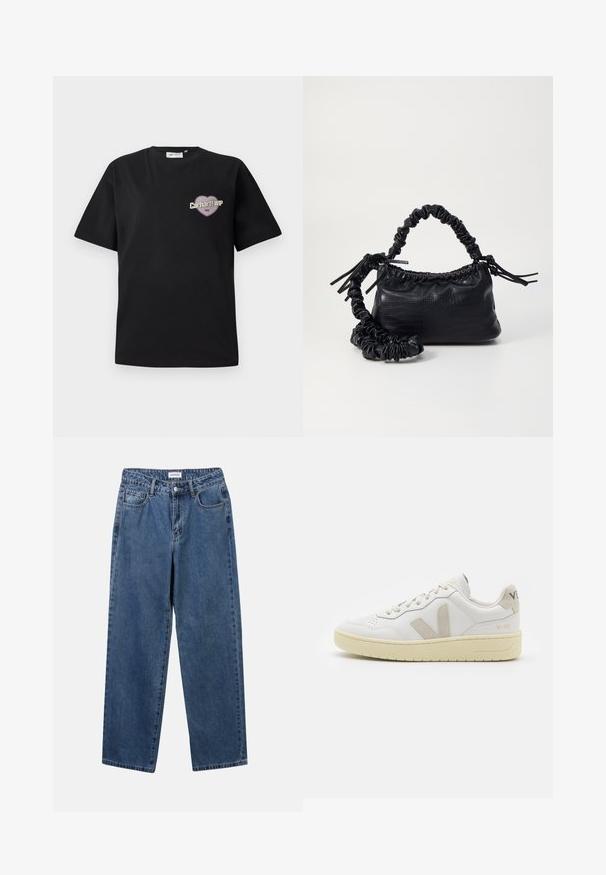 Must musta särk, millel on lühikesed varrukad, ja millel on südamekujuline graafika lilla ja beeži värviga, koos tekstiga "Carhartt WIP 1989".; Klassikalised sinised denimists teksad otsejalaga disainiga, viie taskuga ja nööbisuletusega. Omab keskmist pesu ja tugevat tekstuuri.; Valge nahast tenniseking, millel on beežist siidist aktsent ja aukudega varvas, lame paelad ja tekstureeritud koorevärvi tallad. Omab nüansirikast brändimist kannal.; Must must sünteetilisest nahast käekott, millel on krokodillimuster, kokku tõmmatav ülaosa ja kortsus rihm. Tundub pehme ja kompaktne disain.