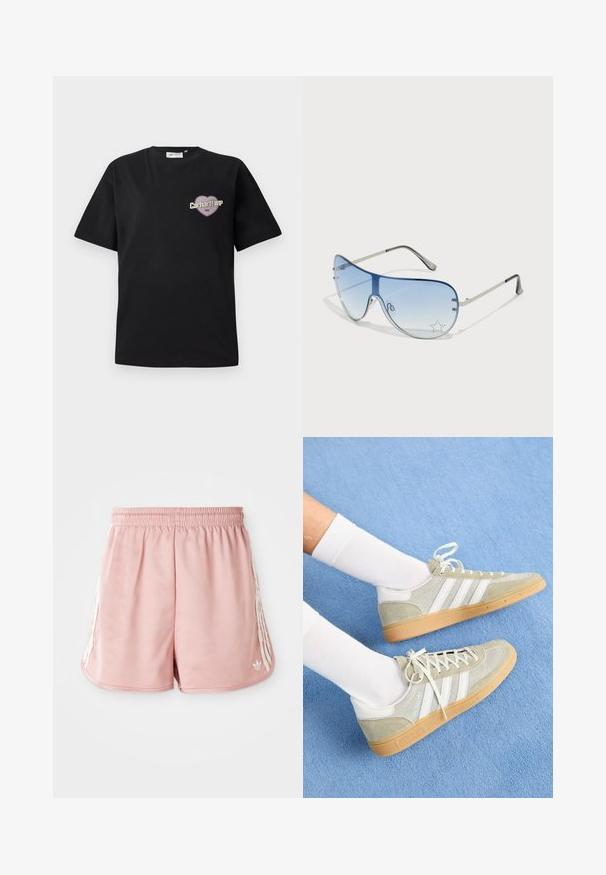 Black cotton t-shirt with short sleeves, featuring a heart-shaped graphic in purple and beige with "Carhartt WIP 1989" text.; Pink athletic shorts with an elastic waistband, side white stripe detailing, and a small logo on the lower left front. Smooth fabric texture.; Light gray suede sneakers with white rubber accents, featuring three white stripes and a gum sole, worn with white socks on a blue background.; Aviator sunglasses featuring a gradient blue lens, silver metal frame, and decorative star accents on the lens. Smooth and sleek design.
