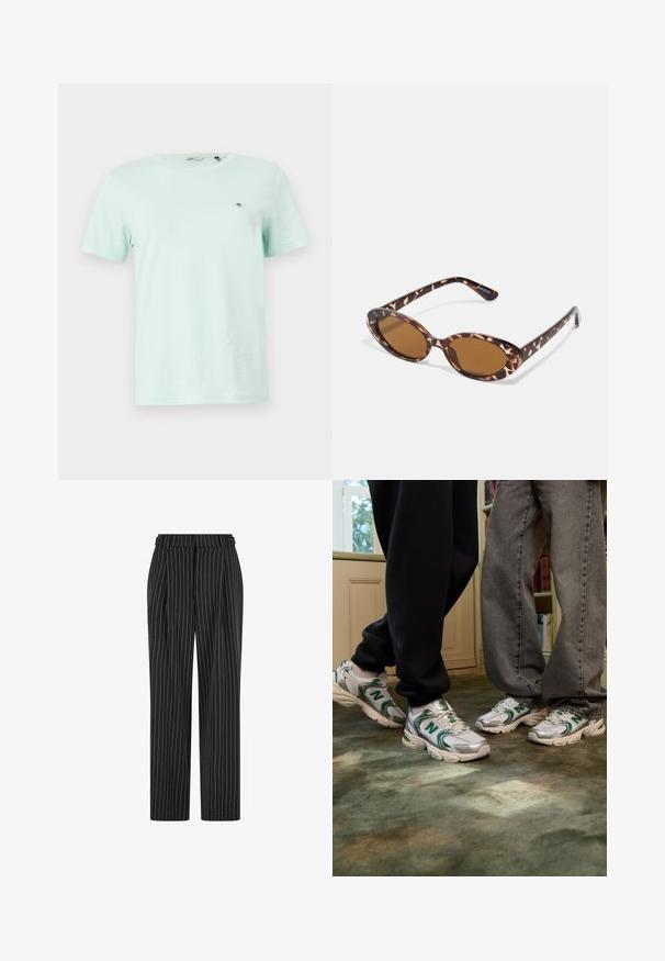 Mint green cotton t-shirt with short sleeves, crew neck, and small embroidered logo on the left chest area. Smooth texture and relaxed fit.; Black pinstripe trousers with a high waist, pleated front, and a straight leg design. Fabric appears textured and tailored for a formal look.; White and silver sneakers with green accents and "N" logo. Textured mesh and synthetic materials, designed for comfort.; Tortoiseshell sunglasses with oval lenses, brown-tinted, thin arms featuring a textured pattern, lightweight plastic frame.