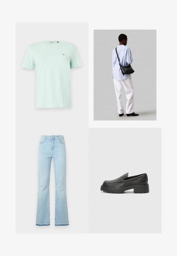 Mentolově zelené bavlněné tričko s krátkým rukávem, kulatým výstřihem a malým vyšitým logem na levé straně hrudníku. Hladká textura a volný střih.; Světle modré rozšířené džíny vyrobené z denimové látky, s vysokým pasem, předními kapsami a surovým lemem na manžetách pro uvolněný vzhled.; Černé kožené mokasíny s okrouhlou špičkou, silnou strukturovanou podrážkou a minimálními detaily šití. Elegantní design bez viditelných tkaniček nebo kovových prvků.; Černá kožená kabelka přes rameno s jemnou texturou, trojúhelníkovým tvarem a nastavitelným popruhem, v kombinaci se světle modrou pruhovanou košilí a bílými kalhotami.