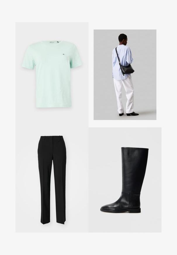 Mints zaļš kokvilnas T-krekls ar īsām piedurknēm, apaļu kakla izgriezumu un mazu izšūtu logotipu kreisajā krūšu daļā. Gluda virsma un brīvs piegriezums.; Melnas pielāgotas bikses ar taisnu kāju dizainu, kas raksturojas ar gludu faktūru un asiem krokām pa priekšu. Nav redzamu metāla detaļu.; Melnas ādas līdzceļgala zābaki ar noapaļotu pirkstu, gludu tekstūru, minimālistisku dizainu un plakanu zoli. Vienkāršas šuvju detaļas uz zābaku augšdaļas.; Melna ādas plecu soma ar mīkstu tekstūru, trīsstūra formu un regulējamu siksnu, apvienota ar gaiši zilu svītrotu krekli un baltām biksēm.