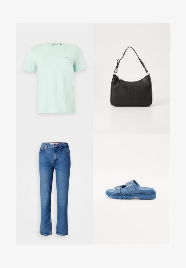 Mint green cotton t-shirt with short sleeves, crew neck, and small embroidered logo on the left chest area. Smooth texture and relaxed fit.; Blue denim jeans with a straight-leg cut, featuring a classic five-pocket design, orange stitching, and a button fly closure.; Blue platform sandals with two adjustable buckle straps, textured rubber sole, and smooth upper material. Chunky, rounded design.; Black leather handbag with a curved shape, a single strap, zip closure, and subtle branding on the front. Smooth texture, minimalist design.