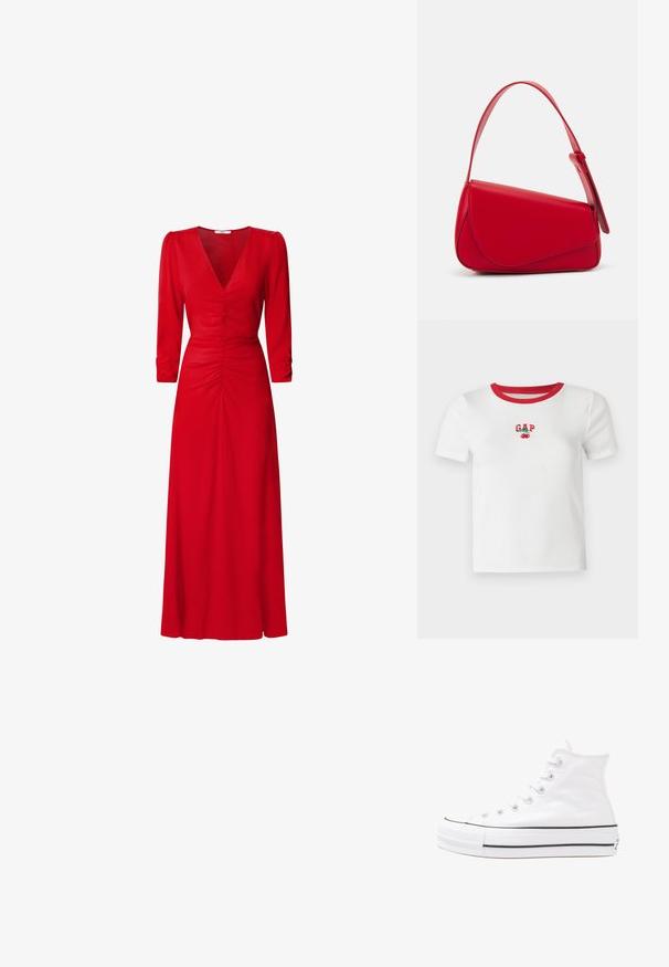 T-shirt branca de manga curta com colarinho vermelho canelado, apresentando texto bordado "GAP" e design de cereja na parte da frente. Feita de tecido canelado.; Vestido vermelho com decote em V, mangas até o cotovelo e detalhes drapeados na cintura e nas costas. O tecido parece suave e leve.; Sapatilha alta de tela branca com sola de borracha preta, bico de borracha na frente e seis ilhós para os atacadores, apresentando um design limpo e minimalista.; Bolsa de mão em couro vermelho com um design angular e geométrico. Apresenta uma única alça ajustável e um fecho com aba, com detalhes cosidos.