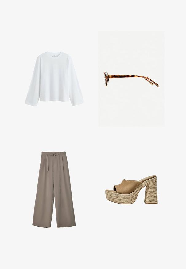 White, long-sleeve t-shirt made from soft cotton, featuring a round neckline and drop-shoulder design, with a relaxed fit and no visible patterns.; Wide-leg trousers in a soft, muted grey fabric, featuring a belted waist and pleats for added design detail. Smooth texture, no patterns.; Brown suede platform mules with an open toe, featuring a chunky braided jute heel and a smooth, rounded upper design.; Tortoiseshell sunglasses with a thick frame, slightly curved temples, and smooth texture. Features a classic design with a glossy finish.
