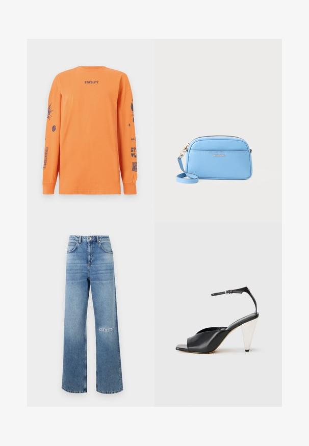 Langes oranges T-Shirt aus Baumwolle. Auf der Vorderseite steht der Text "STIEGLITZ", während die Ärmel verschiedene blaue Grafikmuster zeigen.; Hellblaue weit geschnittene Jeans aus Denim, mit hoher Taille, fünf Taschen und "STIEGLITZ" auf dem linken Oberschenkel bestickt.; Schwarze Leder-Hochzehen-Sandale mit offener Zehe, asymmetrischem Design, Knöchelriemen und metallic kegelförmigem Absatz. Glatte Textur über das gesamte Produkt.; Hellblaues Leder-Crossbody-Bag mit goldfarbenen Beschlägen, Reißverschluss und einer Fronttasche. Verfügt über einen verstellbaren Riemen für zusätzlichen Komfort.