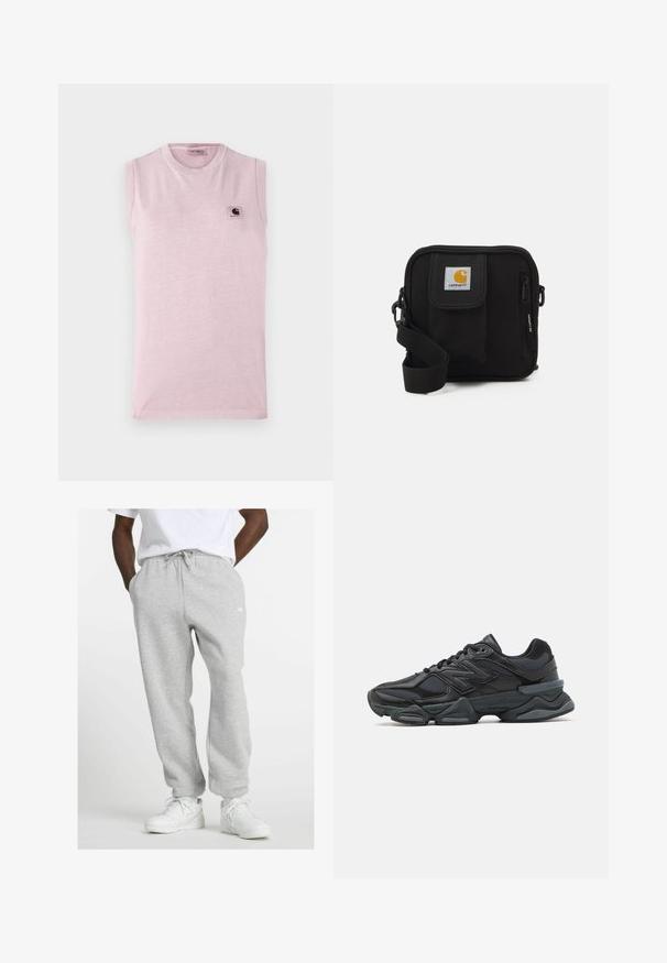 Light pink sleeveless t-shirt made of soft fabric, featuring a round neckline and a small square logo patch on the left chest.; Man wearing light gray sweatpants with drawstring and white sneakers, standing with hands in pockets on a white background.; Black running shoe featuring a mix of mesh and synthetic materials, chunky sole, curved design, and prominent branding on the side.; Black crossbody bag with a zippered main compartment, front pocket, adjustable strap, and a visible logo patch on the flap.