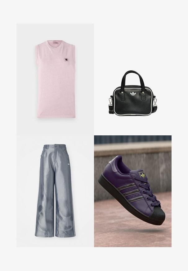 Camiseta sin mangas de color rosa claro, hecha de una tela suave, con cuello redondo y un pequeño parche de logo cuadrado en el lado izquierdo del pecho.; Pantalones de pierna ancha en material gris brillante, con rayas laterales blancas y un patrón de llamas en la parte inferior de las piernas. Cierre con botón y cremallera en la cintura.; Zapatilla de cuero morado con una punta de goma negra, rayas negras y cordones a juego. Superficie texturizada con un diseño cosido.; Bolso de mano de cuero negro con dos asas cortas, herrajes plateados, detalles en blanco y un logotipo blanco. Presenta una superficie texturada y un diseño compacto.