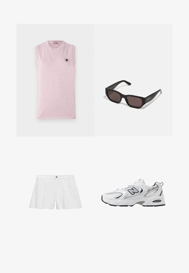 Jasnoróżowy bezrękawnik wykonany z miękkiej tkaniny, z okrągłym dekoltem i małą, kwadratową naszywką z logo na lewej piersi.; Białe szorty bawełniane o luźnym kroju, z kieszeniami z przodu, z zapięciem na guzik i płaskimi szwami dla gładkiego wykończenia.; Białe sportowe buty z siateczkową cholewką, granatowymi akcentami i wyściełaną podeszwą. Posiadają logo "N", sznurówki oraz teksturowany detal po boku.; Czarne prostokątne okulary przeciwsłoneczne z ciemnymi soczewkami. Posiadają gładki plastikowy szkielet i detal z logo na zauszniku. Czysty, nowoczesny design.