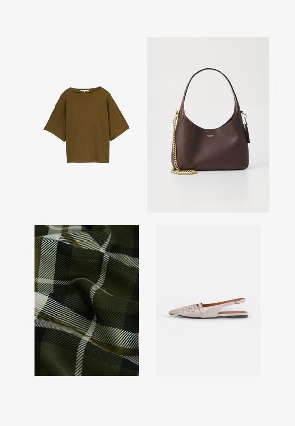 Rjava majica s kratkimi rokavi in ohlapnim krojem, izdelana iz teksturirane tkanine. Ima širok izrez in kvadratno obliko.; Tkanina s tkanim karirastim uzorkom u tamnozelenoj, crnoj i bijeloj boji. Tekstura je glatka s mekim, uzorkovanim završetkom.; Svetlo bež slingback čevelj s koničastim nosom, mehak nubuk material, z dvema okrasnima sponkama in nizko, ravno peto.; COACH BROOKLYN SHOULDER BAG 23 - Torbica - maple