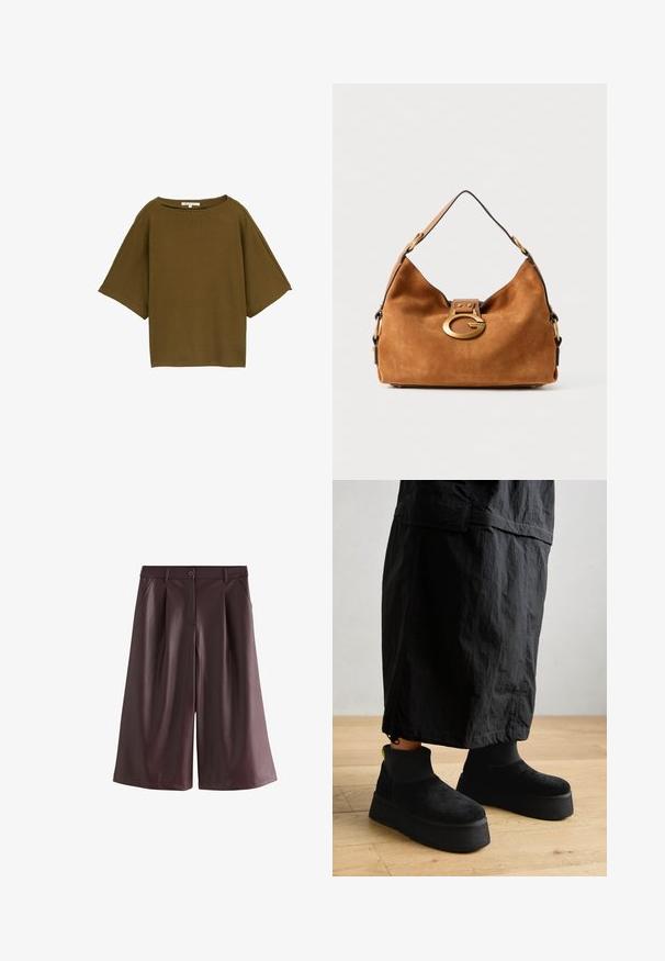 Pruun lühikeste varrukatega topp, millel on lahtine lõige ja tekstuuriga kangas. Omab laia kaelust ja ruudukujulist disaini.; Pruunid laiad faux nahast lühikesed püksid, millel on ees taskud, vööluugid ja nööbkinnitus.; Musta platvormi pahkluu saapad, mis on valmistatud pehmest seemisnahast, millel on sile pind ja paks tald. Omavad ribatekstuuri ja erkkollast aktsenti kandadel.; Pruun suede käekott ümarate vormidega, kullatooni riidest klamber ja kontrastne must äär. Omab ühte õlarihma kandmiseks.