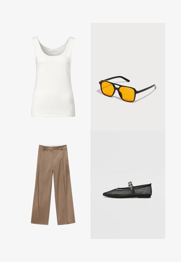 Witte mouwloze tanktop met een ronde halslijn. Gemaakt van een gladde stof, met een minimalistisch ontwerp en een zachte textuur.; Witte lange mouwen top met zwarte grafische tekst en abstracte prints. Geribbelde textuur, ronde halslijn en aansluitend ontwerp. Gecombineerd met denim jeans.; Wijdvallende, high-waisted broeken in een warme bruintint, met vouwen aan de voorkant en een nette afwerking, ontworpen voor een stijlvolle, comfortabele pasvorm.; Zwarte mesh ballerina met een spitse neus, decoratieve band en gespdetail. Gestructureerde bovenkant en een gladde zwarte zool.; Zwarte rechthoekige zonnebril met gedurfde oranje glazen. Heeft een uniek brugontwerp en slanke armen, vervaardigd uit lichtgewicht materiaal.; Zwarte leren crossbody tas met twee voorzakken met rits, een gestructureerde vorm, een verstelbare schouderband en een textuur oppervlakte.