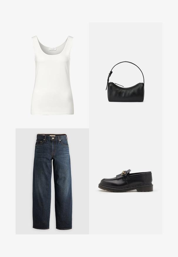 Hvid ærmeløs tanktop med rund halsudskæring. Lavet af glat stof, præget af et minimalistisk design og en blød tekstur.; Mørkeblå denimjeans med lige ben, fem lomme-stil og kontrastsyninger samt knappelukning.; Sorte læder loafers med en rund tå, dekorativ frynse og gyldne hardware detaljer. Tykt gummisåle for ekstra greb og holdbarhed.; Sort læder skuldertaske med et buet design, lynlåslukning og en slank rem. Har en glat tekstur og diskrete syninger.