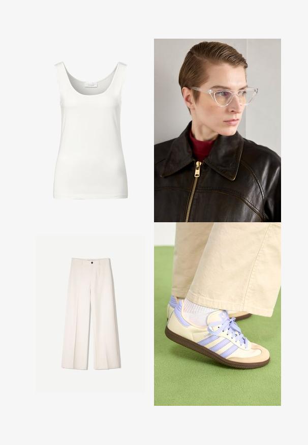 Débardeur blanc sans manches avec un col arrondi. Fabriqué en tissu lisse, il présente un design minimaliste et une texture douce.; Pantalons larges crème avec un design ajusté, comportant deux poches avant et une fermeture à un bouton sur le devant, fabriqués en tissu lisse.; Baskets crème et lavande avec trois bandes et une semelle marron texturée, dotées de lacets et d'un talon rembourré. Tige en tissu doux.; Lunettes en acétate transparent en forme de yeux de chat avec des verres jaunes, portées par une personne en veste en cuir noir et en col roulé rouge. Texture lisse.
