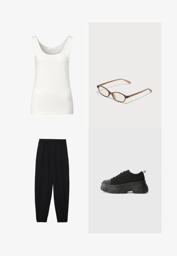 Camiseta sin mangas blanca con un escote redondeado. Fabricada con un tejido suave, presenta un diseño minimalista y una textura suave.; Pantalones negros, ligeros, con cintura elástica y tobillos fruncidos. La tela es suave y presenta un diseño relajado y ajustado.; Zapatillas negras con suela de goma gruesa, parte superior de tela texturizada, punta redonda y diseño con cordones. Presenta ojales reforzados y tirador en la parte trasera.; Gafas de carey marrón con lentes ovalados, patas delgadas y acentos transparentes. Presenta un sutil logo en la varilla. Diseño elegante y ligero.
