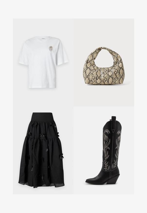 Witte katoenen t-shirt met een relaxte pasvorm, voorzien van een ronde hals en korte mouwen. De voorkant heeft een klein bruine bloemenpatroon.; Sister Jane BIRDIE BOW MIDI SKIRT - A-lijn rok - black; Zwarte leren cowboylaarzen met spitse neuzen, wiggenhakken en zilver geborduurde bloemmotieven langs de schacht. Contrasterende stiksels overal.; Slangpatroon handtas met een gebogen handvat. Gemaakt van gestructureerde, beige en bruine materialen, met een kenmerkend ruitpatroon.