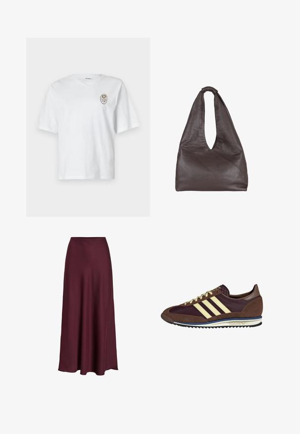 T-shirt en coton blanc avec une coupe décontractée, présentant un col rond et des manches courtes. L'avant arbore un petit motif floral marron.; Jupe maxi en satin bourgogne avec une texture lisse, taille haute et une silhouette fluide qui s'évasent doucement vers l'ourlet.; Baskets marron et bordeaux avec des matériaux en daim et en maille, présentant trois rayures crème, un tissu texturé sur la languette et une semelle en caoutchouc.; Sac en cuir marron avec un design ample et décontracté. Équipé d'une poignée en boucle et d'une ouverture en V profonde pour un accès facile. Texture douce, style minimaliste.