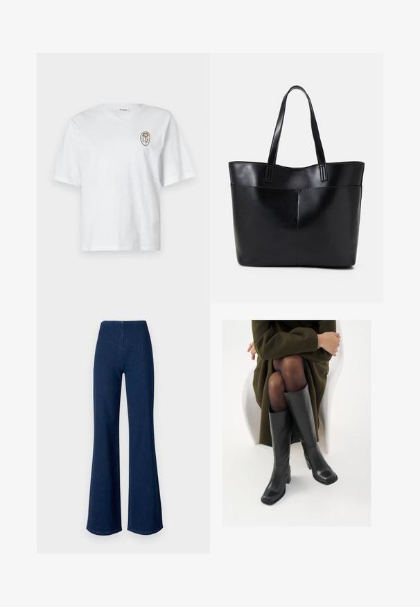 T-shirt bianco in cotone con vestibilità morbida, con scollatura rotonda e maniche corte. La parte frontale presenta un piccolo motivo floreale marrone.; Jeans a zampa d'elefante di colore blu scuro realizzati in denim con un cinturino elastico. Presentano una texture liscia e un design a gamba larga che si estende fino all'orlo.; Stivali neri in pelle alti fino al ginocchio con punta squadrata e tacco a blocco, mostrati con un modello seduto in un cappotto verde oliva. Texture liscia, dettagli minimi.; Borsa a tracolla in pelle nera con due manici lunghi, una texture liscia e una forma strutturata. Presenta una tasca frontale per ulteriore spazio di archiviazione.