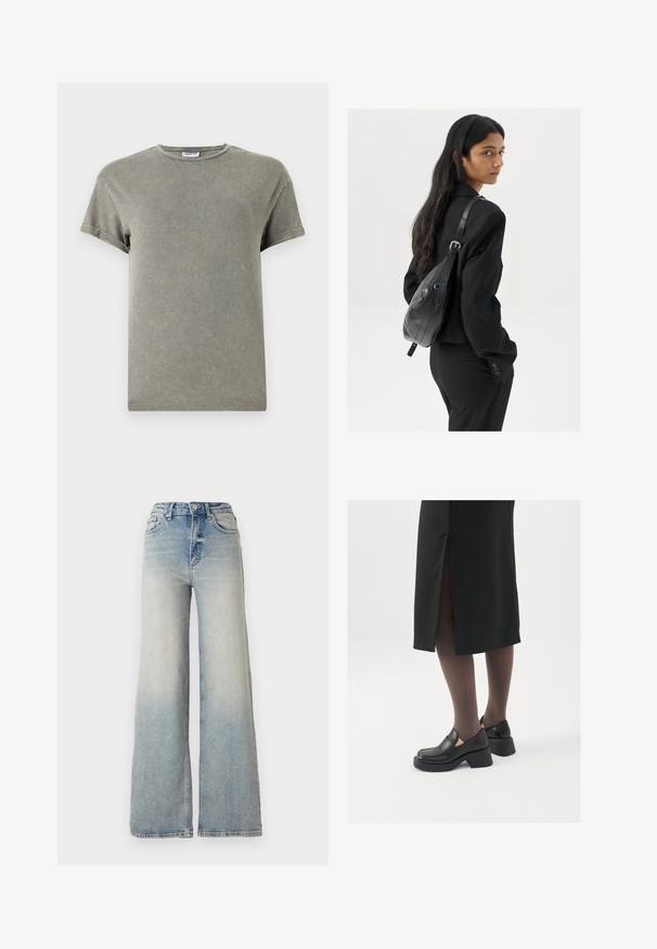 Tricou verde pal, cu mâneci scurte, guler rotund, material din bumbac moale, textura ușor uzată, croială lejeră.; Jeans largi de culoare bleu deschis, confecționați din denim, cu talie înaltă, cinci buzunare și cusături vizibile pe cusături.; Pantofi din piele neagră cu vârful rotund, toc bloc gros și accente elastice pe lateral, asortați cu colanți închiși la culoare și o fustă neagră cu o fanta.; Femeie cu păr lung și închis la culoare, îmbrăcată într-un costum negru, purtând o geantă de umăr din piele neagră, privind peste umăr, pe un fundal alb.