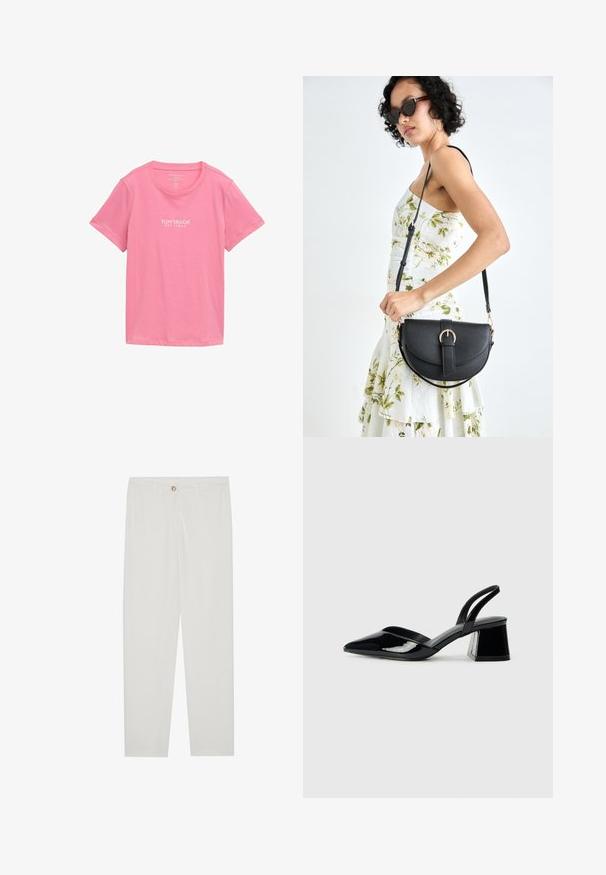 Różowa bawełniana koszulka z okrągłym dekoltem, krótkimi rękawami i białym logo z napisem "TOM TAILOR EST. 1962" z przodu.; Białe, dopasowane spodnie z prostymi nogawkami, posiadające zapięcie na guzik, szlufki na pasek oraz kieszenie boczne; gładka tekstura materiału.; Czarne lakierowane półbuty na obcasie z wydłużonym noskiem i geometrycznym słupkiem. Charakteryzują się eleganckim, minimalistycznym designem oraz gładką fakturą.; Czarna skórzana torebka o zakrzywionym kształcie, z odpinanym paskiem i złotymi akcentami. Torebka posiada klapę z zapięciem w kształcie klamry.