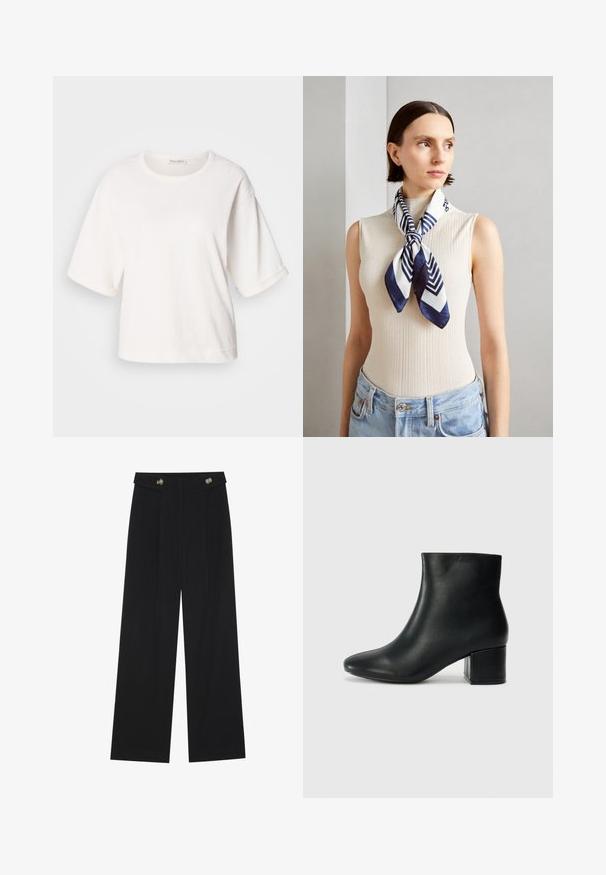 Biela bavlnená tričko s voľným strihom, krátkymi rukávmi s manžetami, okrúhlym výstrihom a hladkou textúrou. Jednoduchý, minimalistic design.; Čierne široké nohavice s vysokým pásom, so zapínaním na gombíky na páse a prednými sklady.; Čierne kožené členkové čižmy s špicatou špičkou a hrubým podpätkom. Hladká textúra s minimálnymi akcentmi a elegantným, priliehavým dizajnom.; Hedvábný šátek v námořnické modři a bílé s geometrickým zigzagovým vzorem. Hladká textura, úhledně uvázán kolem krku, doplňuje žebrovaný top.; Čierna kožená taška s hladkou textúrou, štruktúrovaným tvarom, dvoma uchami a výrazným strieborným prackovým detailom na prednej strane.
