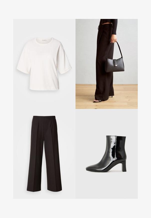Bela bombažna majica s sproščenim krojem, kratkimi nastavljivimi rokavi, okroglo ovratnikom in gladko teksturo. Preprost, minimalisticen dizajn.; Črne široke hlače s ravnim sprednjim delom, pliseji in gladko teksturo tkanine. Imajo visok pas in skrbno krojen silhueto za strukturiran videz.; Črne lakirane gležnjarje z ošiljenim nosom in srednje visokim blokastim peto. Gladka tekstura in minimalističen dizajn.; Črna torbica z strukturirano obliko, gladko teksturo in kovinskim zaponko. Ujemajo se z širokimi črnimi hlačami in odprtimi sandali na lesenem tleh.