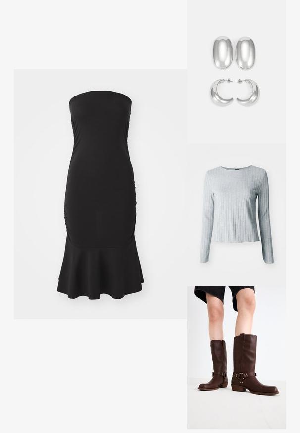 Grå ribbestrikket langermet topp med rund halsing, laget av myk teksturert stoff; har en lett utsvingt hemline for en avslappet passform.; Svart stramkjole uten stropper laget av elastisk stoff, med rynker langs sidene og en utflared kant. Jevn tekstur med en tettsittende silhuett.; Brune lærknesko med rund tå, teksturert overflate, ankelrem og detaljer i sølv; stablet hæl.; Svart skinn skulderveske med en buet form, polert sølvfeste og en avtakbar tag. Glatt tekstur med subtile sømdetaljer.; Sølvfargede øredobber sett: to ovale stifter og to halvmåneformede hoops, med en glansfull, glatt overflate og en rund design.