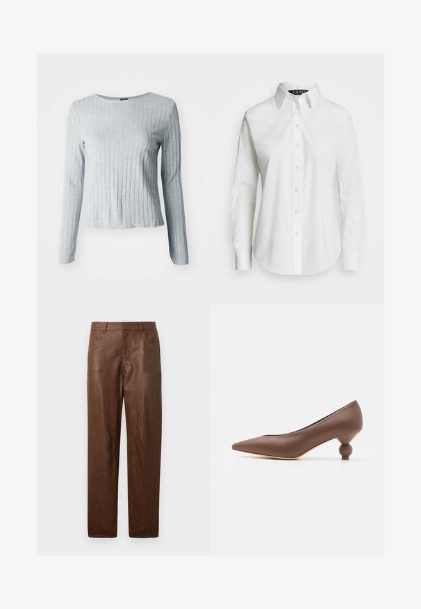 Sivý rebrovaný top s dlhými rukávmi a zaobleným výStrihom, vyrobený z jemnej textúrovanej tkaniny; má mierne rozšírený lem pre uvoľnený strih.; Biela košeľa s dlhým rukávom na gombíky vyrobená z bavlny. Obsahuje klasický golier, sedem gombíkov a jemné logo vyšitý na hrudi.; Hnedé kožené nohavice s hladkou textúrou, rovný strih a dve bočné vrecká. Obsahuje viditeľné švy.; Hnedé kožené lodičky s špicatou špičkou a unikátnym zaobleným guľatým opätkom. Hladká textúra, elegantný dizajn a minimalistické detaily.