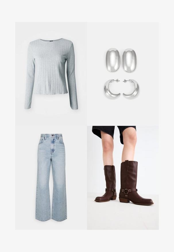 Harmaa ribbitetty pitkähihais-toppi, jossa on pyöreä pääntie, valmistettu pehmeästä teksturoituneesta kankaasta; näyttäytyy hieman levenevänä helman avulla rennon istuvuuden saavuttamiseksi.; Vaaleansinisiä farkkuja, joissa on leveät lahkeet ja korkea vyötärö. Klassinen viisi taskua -design ja kontrastivärinen ommel. Raaka helma alareunassa.; Marron nahka polven ylle ulottuvat saappaat, joissa on pyöreä kärki, teksturoitu pinta, nilkkahihna ja hopeiset yksityiskohdat; kasattu korko.; Hopeasävyiset korvakorut: kaksi ovaalia nappikorua ja kaksi kuukausimaisen muotoista renkaasta, joissa on kiiltävä, sileä pinta ja pyöristetty muoto.