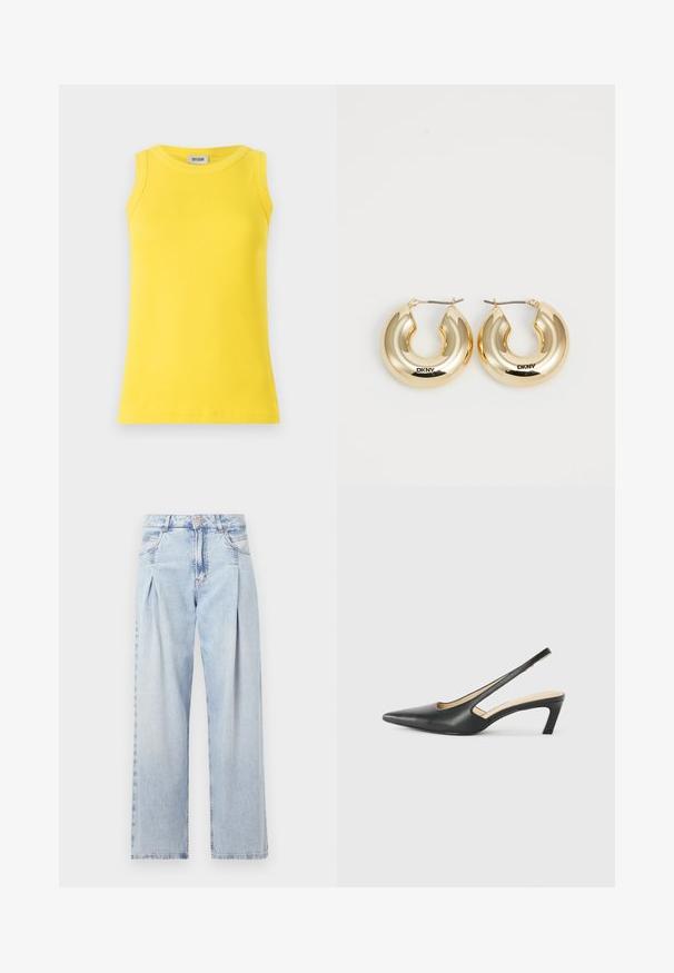 Top giallo senza maniche realizzato in tessuto a costine, caratterizzato da un colletto rotondo e una forma aderente. L'etichetta mostra "DRYKORN."; Jeans in denim azzurro chiaro con vita alta, taglio a gamba larga, due tasche laterali e design plissettato. Texture morbida con una finitura sbiadita.; Scarpa slingback nera con punta affilata e tacco basso, realizzata in pelle liscia e con un design a taglio laterale per favorire la traspirabilità.; Orecchini a cerchio in oro con un design liscio e arrotondato e una finitura lucida, dotati di un gancio per la chiusura. Incisi con "DKNY."