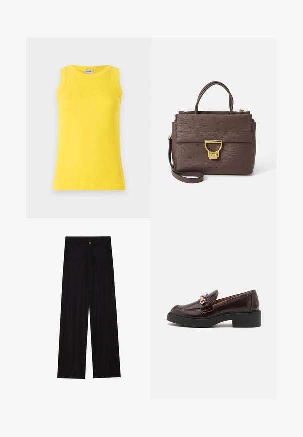 Top giallo senza maniche realizzato in tessuto a costine, caratterizzato da un colletto rotondo e una forma aderente. L'etichetta mostra "DRYKORN."; Pantaloni neri a gamba larga realizzati in un tessuto liscio, dotati di tasche frontali e chiusura con bottone in vita. Design minimalista senza motivi.; Mocassino in pelle marrone con una fibbia dorata, tacco a blocco nero e una texture liscia. La vista laterale mostra la punta arrotondata e i dettagli di cucitura.; Borsa a tracolla in pelle marrone con superficie testurizzata, hardware dorato, manici superiori e tracolla removibile; presenta un pattina anteriore con chiusura a clip.; Orologio da polso rettangolare dorato con quadrante bianco, indicatori delle ore in tono argento e un robusto bracciale in metallo. Include la funzione di resistenza all'acqua.
